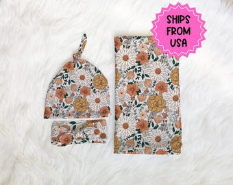 Personalized Floral Baby Swaddle Blanket newborn boho, coming home hospital announcement reveal outfit, custom name blanket baby shower gift