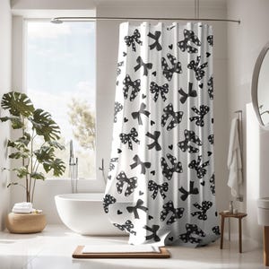 Black and white Bow Shower Curtain, custom trendy coquette bathroom decor, preppy shower curtain, aesthetic bathroom decor personalized