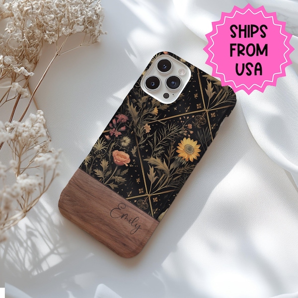 Funda personalizada con diseño cottagecore oscuro MAGSAFE para iPhone 17 Air, 16, 15, 14 y 13 Pro Max. Funda Dark Academia con diseño floral oscuro MAGSAFE para iPhone.