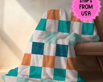 Personalized Checkered blanket for boy, Blue checker throw, birthday gift for him custom name blanket baby shower gift birthday gift for boy