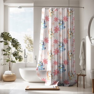 Bluey and bingo Shower Curtain, pink bluey shower curtain, bluey kids shower curtain, girls shower curtain, bluey home decor, Bluey gift kid
