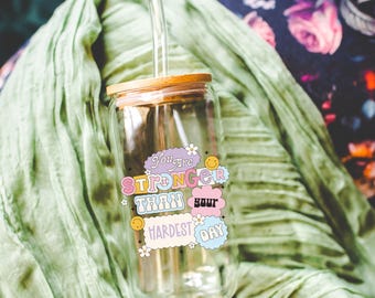 Preppy glass cup positive affirmation cup with bamboo lid glass straw, Cute Cup Beer Can Iced Coffee Glass Cup Cute Glass Cup gift for her