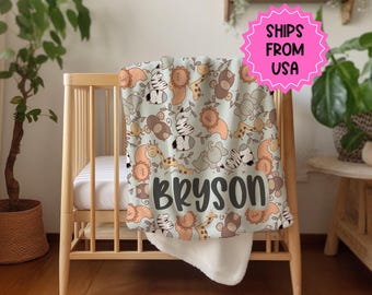 Personalized Safari Animal Baby Blanket, Zoo Theme Nursery Decor