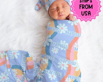Personalized groovy floral Swaddle hat set newborn, Swaddle bow set girl baby hospital outfit, baby shower gift, large stretchy swaddle