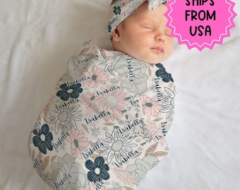 Personalisierte Neugeborenen Swaddle Bogen Set, Vintage rosa Blumen Swaddle, Krankenhaus offenbaren Outfit, Baby-Duschegeschenk, dehnbar weiche Swaddle