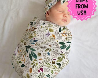 Custom Floral Swaddle and bow set newborn, Swaddle and hat set, Newborn girl hospital reveal outfit, baby shower gift, stretchy swaddle