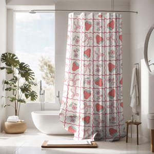 Tenda da doccia con fiocco di fragole, decorazione Coquette per il bagno, decorazione Coquette personalizzata alla moda, tenda da doccia preppy, bagno estetico personalizzato