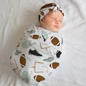 Personalized Baby Girl Swaddle Blanket Hat Set, football swaddle, sports hospital reveal outfit baby boy baby shower gift receiving blanket
