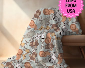 Personalized Safari Animal Baby Blanket, Zoo Theme Nursery Decor