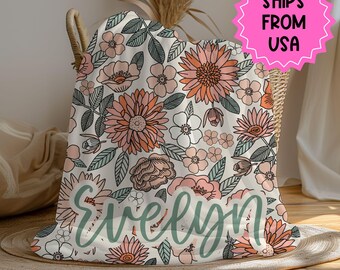 Personalized floral vintage blanket with Name, Custom name blanket gift, Birthday Anniversary Gift for her, floral baby blanket