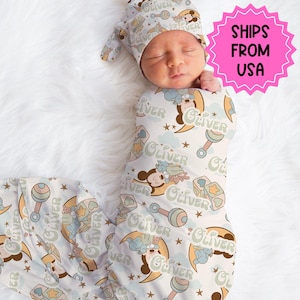 Personalized Disney Swaddle set bow hat, custom name Newborn going home swaddle, boys hospital reveal, micky mouse swaddle