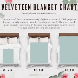 May include: A chart showing the different sizes of velveteen blankets. The chart shows a queen-sized bed with a 30" x 40" blanket, a 50" x 60" blanket, and a 60" x 80" blanket.