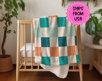 Personalized Checkered blanket for boy, Blue checker throw, birthday gift for him custom name blanket baby shower gift birthday gift for boy