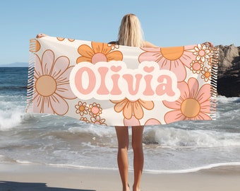 Toalha de praia personalizada Pink Groovy, toalha de praia personalizada para presente, toalha de praia infantil, cobertor de praia personalizado, toalha de praia Tassle, presente personalizado