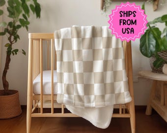 Personalized checkered vintage blanket with Name, Beige Custom blanket gift, Birthday Anniversary Gift, toddler kids blanket