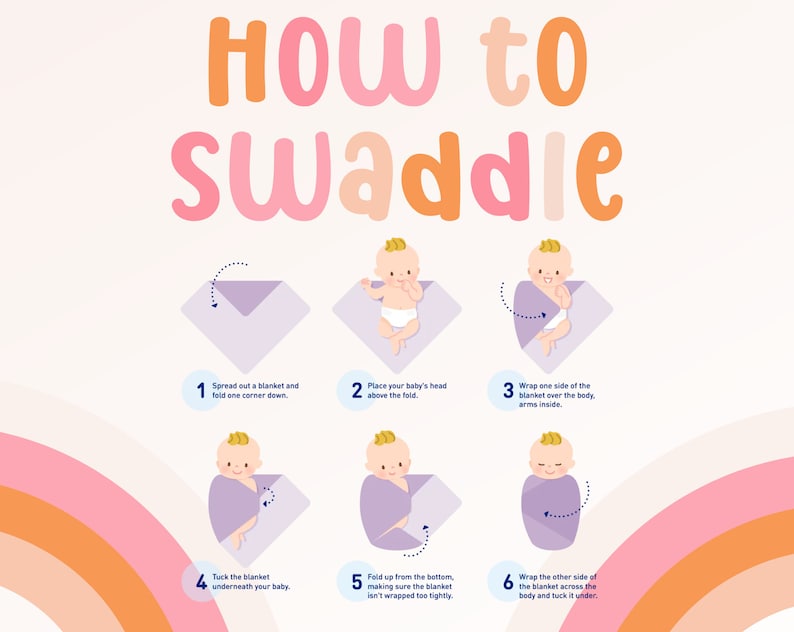 May include: A six-step illustrated guide on how to swaddle a baby. The guide shows a baby being swaddled in a purple blanket. The steps are numbered 1 through 6 with text describing each step.