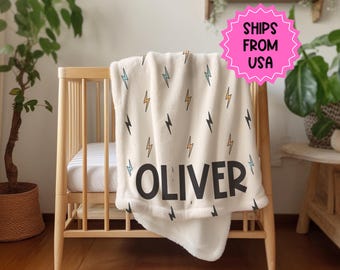 Decke Blitz für Jungen, Decke Blitz, Babydecke personalisiert, Beige neutrale Decke, Baby Namensdecke Geschenk, Baby Namensdecke Junge, neutrale Decke
