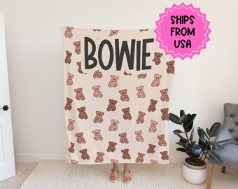 Personalisierte Decke für Jungen, Teddybär Decke, karierte Decke, Geburtstagsgeschenk für ihn, individuelle Babydecke, Baby-Duschegeschenk