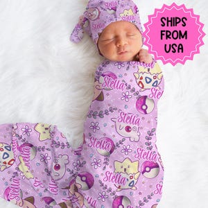 Personalized swaddle Pink Pokemon baby cosplay, hospital reveal outfit, baby shower gift, pokemon receiving blanket, gamer baby gift