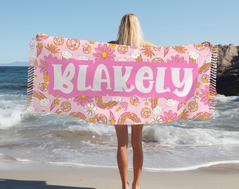 Toalha de praia personalizada Pink Groovy, toalha de praia personalizada para presente, toalha de praia infantil, cobertor de praia personalizado, toalha de praia Tassle, presente personalizado