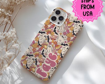 Halloween Ghost Phone Case Personalized, custom floral iPhone 14 13 12 11 Pro Max Samsung Galaxy S22 S23, halloween gift under 50
