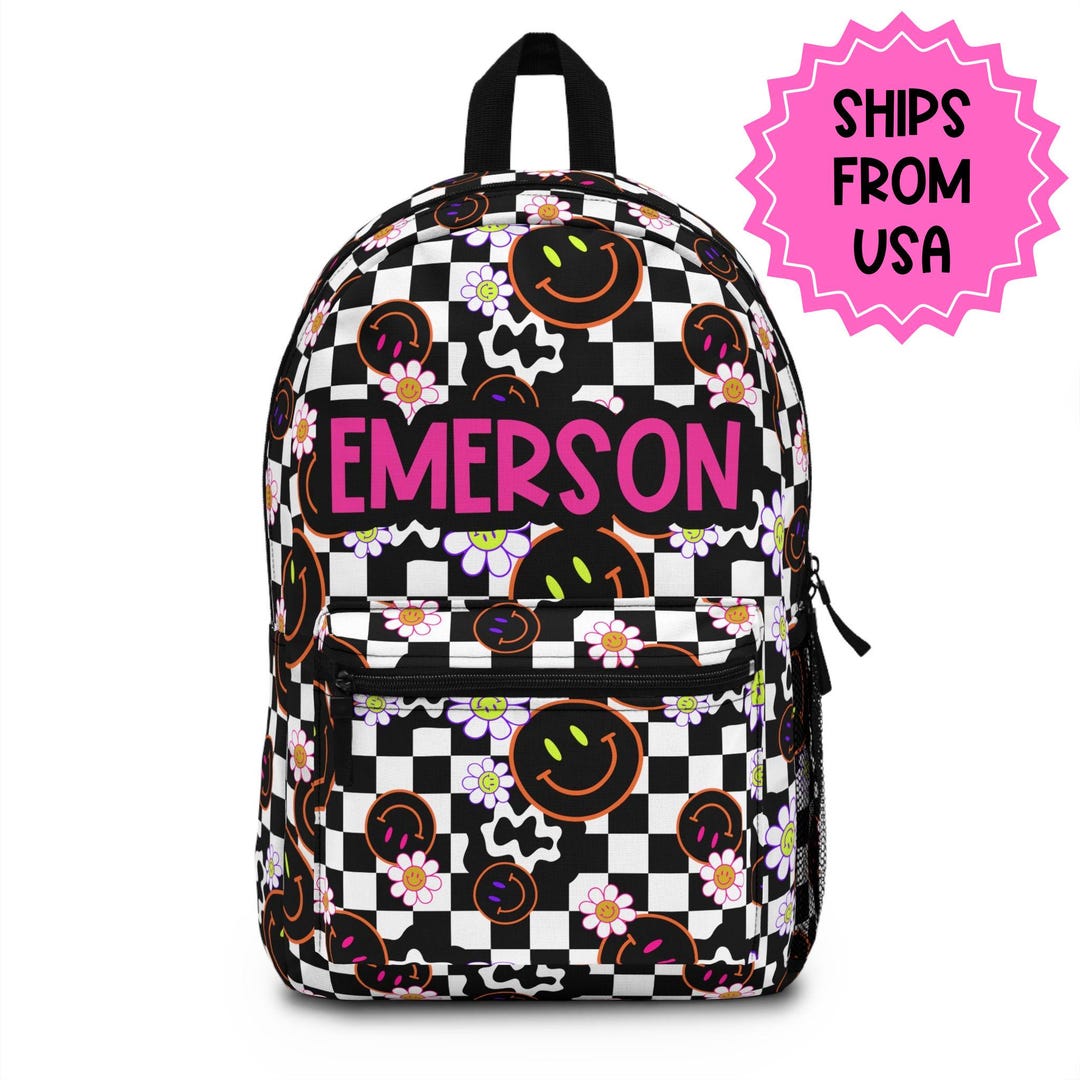 Personalized Backpack Smiley Face Checkered, Back to School Gifts for ...