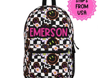 Personalized Backpack smiley face checkered, Back to school Gifts for kids Girls Backpack, Kids toddler Backpack, custom daycare bag