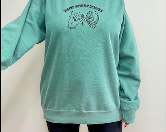 Embroidery Halloween sweater comfort color Vibing with my demons, Cute trendy embroidery pullover sweat shirt