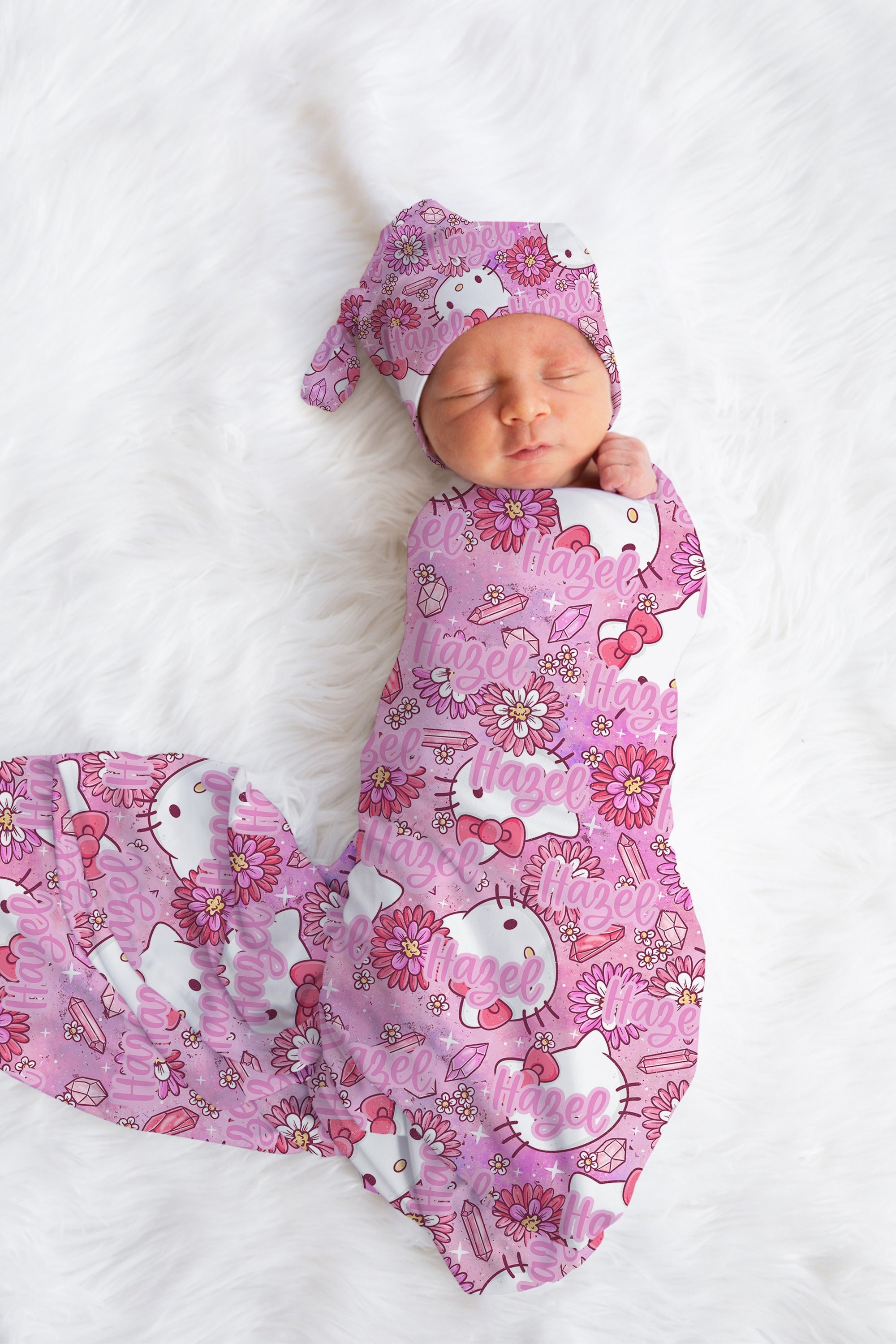 Personalized Pink anime cat Swaddle bow set newborn Swaddle hat set, Newborn girl hospital reveal outfit, baby shower gift, stretchy swaddle
