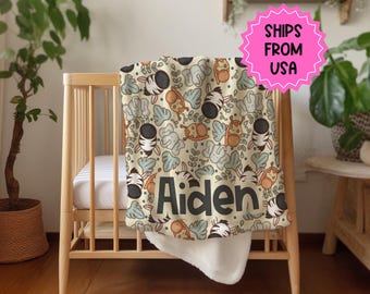 Personlig filt för pojkar, safaridjursfilt zoo-tema, unisex födelsedagspresent till honom, anpassad namnfilt babyshowerpresent