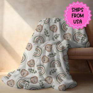 Lion Personalized blanket for boys, rainbow sage green neutral blanket, unisex birthday gift for him, custom name baby blanket baby shower