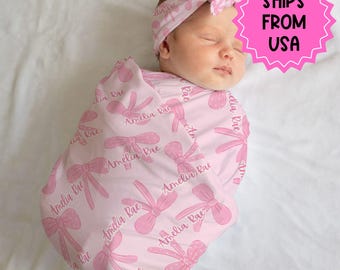 Conjunto de gorro de bebé personalizado, manta para recién nacido, anuncio de hospital, atuendo para niña, manta con lazo grande, regalo para baby shower