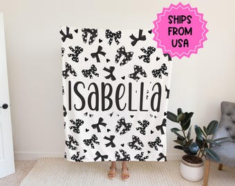 Personalized coquette black bow Blanket, coquette room decor, preppy stuff room decor, trendy bow baby blanket, bow decor