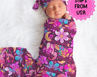 Personalized swaddle hat set floral newborn blanket hospital announcement reveal outfit baby girl large stretchy swaddle baby shower gift