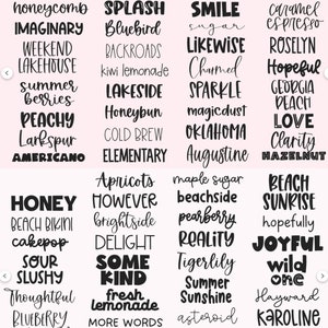 May include: A pink background with a grid of black text showing different font styles. The text includes words like "honeycomb", "splash", "smile", "caramel", "imaginary", "bluebird", "sugar", "espresso", "weekend", "backroads", "likewise", "roselvn", "lakehouse", "kiwi lemonade", "charmed", "hopeful", "summer", "lakeside", "sparkle", "georgia", "berries", "honeybun", "magicdust", "peach", "peachy", "cold brew", "oklahoma", "love", "larkspur", "elementary", "augustine", "clarity", "americano", "apricots", "maple sugar", "beach", "honey", "however", "beachside", "sunrise", "beach bikini", "brightside", "pearberry", "hopefully", "cakepop", "delight", "reality", "joyful", "sour", "some", "tigerlily", "wild", "slushy", "kind", "summer", "one", "thoughtful", "fresh", "sunshine", "hayward", "blueberry", "lemonade", "asteroid", "karoline", "muffin", "more words", "love", "moonlight", "tigerland", "rainbow", "charm", "california", "imagine", "dreams", "thinker", "scramble", "ambition".
