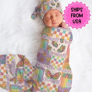 Conjunto de lazo de mariposa personalizado para envolver al bebé, conjunto de envolver y gorro de patchwork para recién nacido, atuendo para niña para revelar el hospital, regalo para baby shower, envolver al bebé elástico