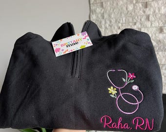 Nurse Embroidered sweater with name custom designations quarterzip sweatshirt