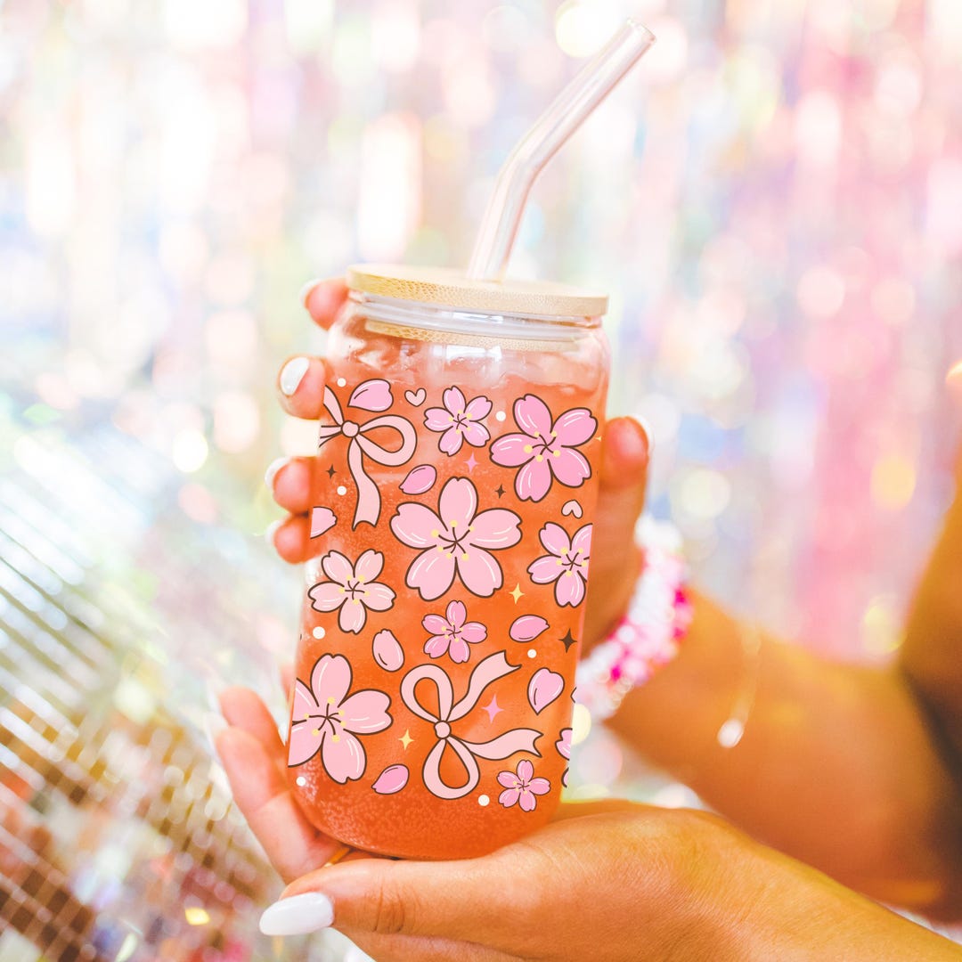 Girly Coquette Bow Glass Cup With Bamboo Lid Glass Straw, Cute Cup Beer ...