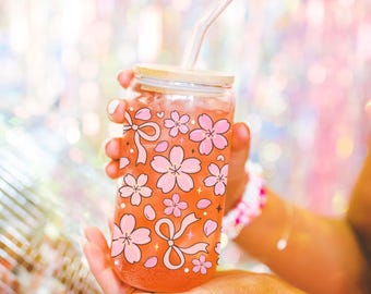 Girly coquette bow glass cup with bamboo lid glass straw, Cute Cup Beer Can Iced Coffee Glass Cup Cute preppy Glass Cup gift for her