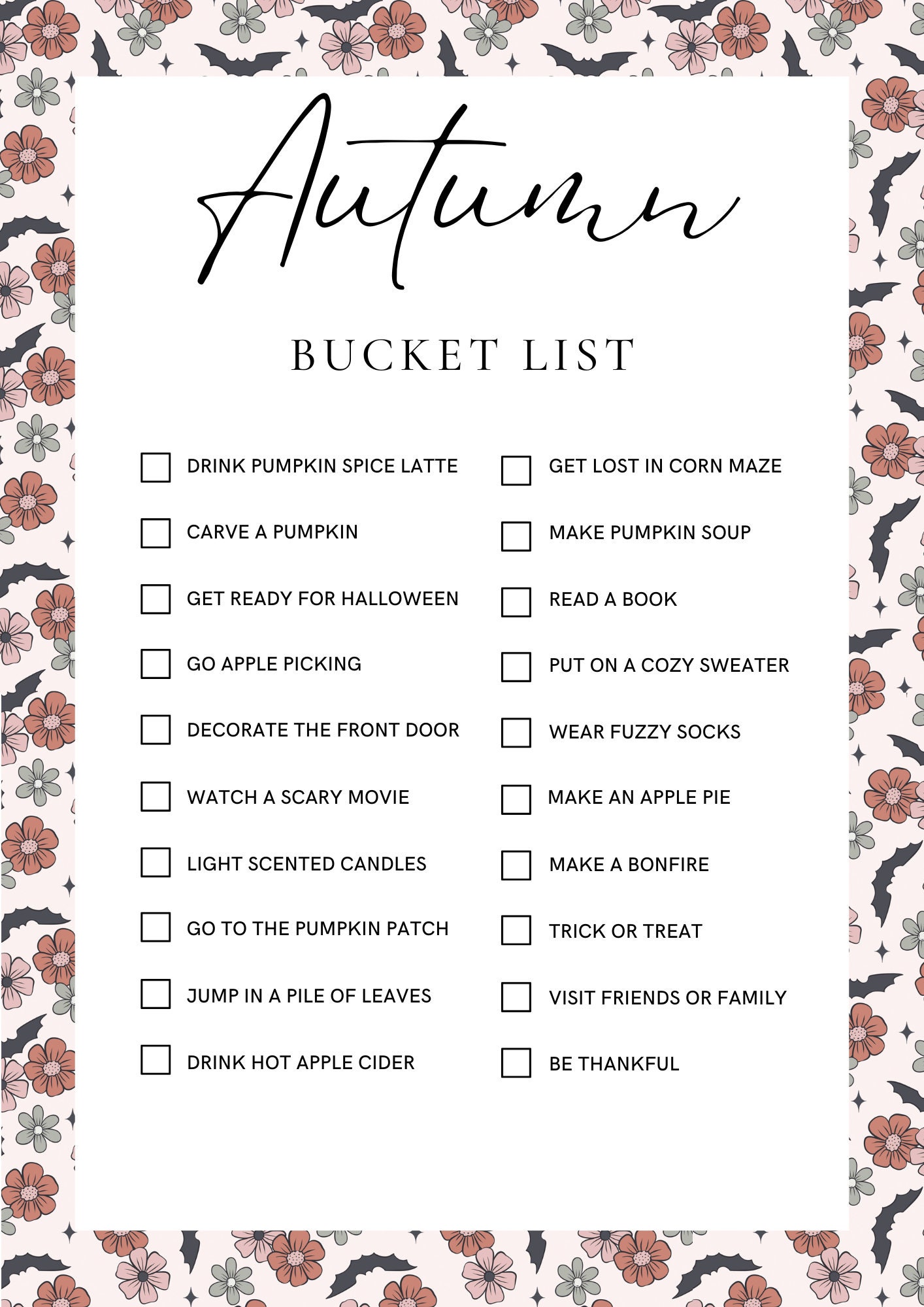 Fall Break Checklist Fall Bucket List Printable, Autumn Bucket List Printable, Kids Fall ...