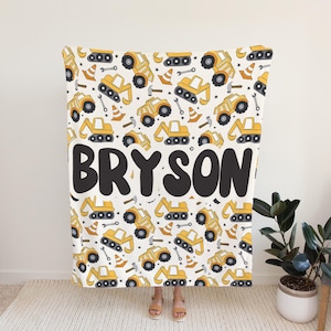 Personalized blanket for boys, construction blanket, truck toddler throw, birthday gift for him, custom name baby blanket, baby shower gift