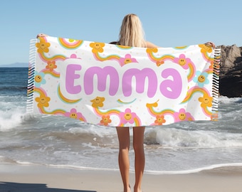 Toalha de praia personalizada Pink Groovy, toalha de praia personalizada para presente, toalha de praia infantil, cobertor de praia personalizado, toalha de praia Tassle, presente personalizado