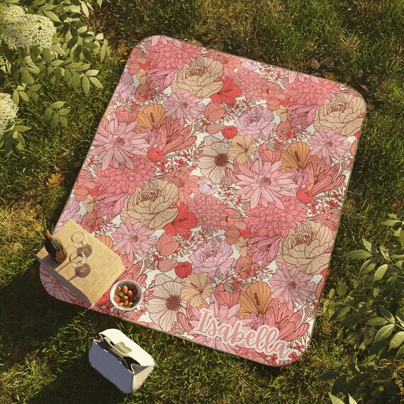 Personalized Pink Floral Picnic Blanket Waterproof Picnic Accessories Beach Mat Floral Beach and Picnic Mat Picnic Table Cover Etsy