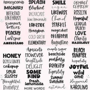 May include: A pink background with a grid of 4 columns and 10 rows of black text. Each cell contains a different font style and a word or phrase. The words include "honeycomb", "splash", "smile", "caramel", "imaginary", "bluebird", "sugar", "espresso", "weekend", "backroads", "likewise", "roselvn", "lakehouse", "kiwi lemonade", "charmed", "hopeful", "summer", "lakeside", "sparkle", "georgia", "berries", "honeybun", "magicdust", "peach", "peachy", "cold brew", "oklahoma", "love", "larkspur", "elementary", "augustine", "clarity", "americano", "apricots", "maple sugar", "beach", "honey", "however", "beachside", "sunrise", "beach bikini", "brightside", "pearberry", "hopefully", "cakepop", "delight", "reality", "joyful", "sour", "some", "tigerlily", "wild", "slushy", "kind", "summer", "one", "thoughtful", "fresh", "sunshine", "hayward", "blueberry", "lemonade", "asteroid", "karoline", "muffin", "more words", "love", "moonlight", "tigerland", "rainbow", "charm", "california", "imagine", "dreams", "thinker", "scramble", "ambition".