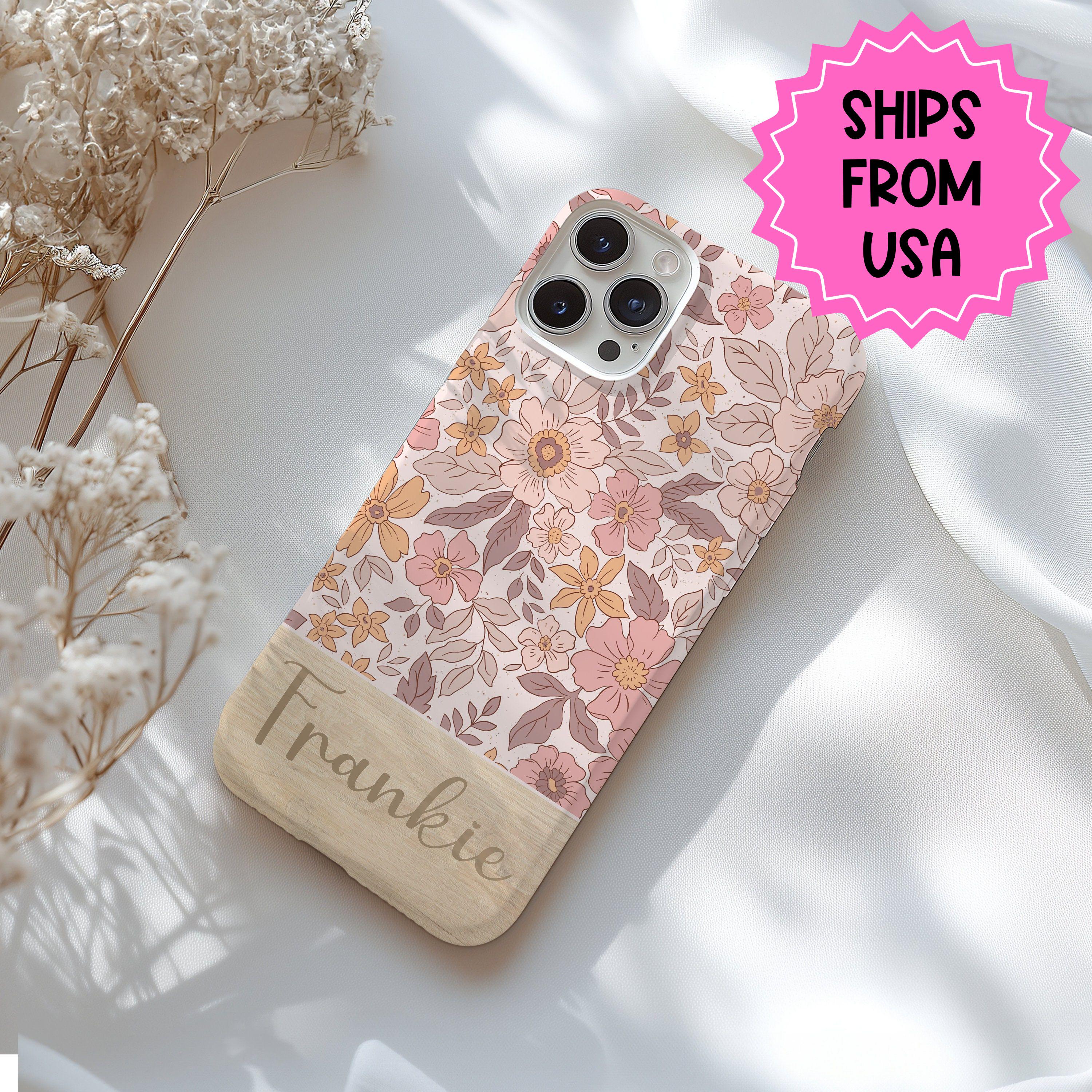 IPhone 15、14、13 Pro Max用パーソナライズされたピンクの花柄タフ
