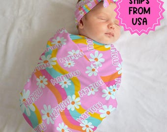 Personalized groovy floral Swaddle bow set newborn, Swaddle hat set girl baby hospital outfit, baby shower gift, large stretchy swaddle