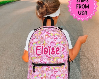 Personalized Kids Backpack kawaii print, Kitty Cat Design, Custom Name Monogram