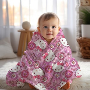 Personalized Pink anime cat Blanket custom name blanket for toddlers kids and adults kawaii cat blanket