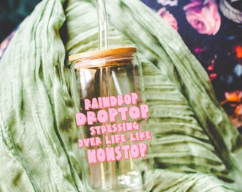 Preppy funny glass cup with bamboo lid glass straw, Cute Cup Beer Can Iced Coffee Glass Cup Cute stress Glass Cup gift for her