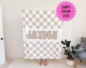 Personalized checkered vintage blanket with Name, Beige Custom blanket gift, Birthday Anniversary Gift, toddler kids blanket